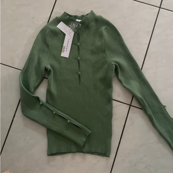 TOPSHOP Green Ribbed Cutout Long Sleeve Top - Picture 3 of 4